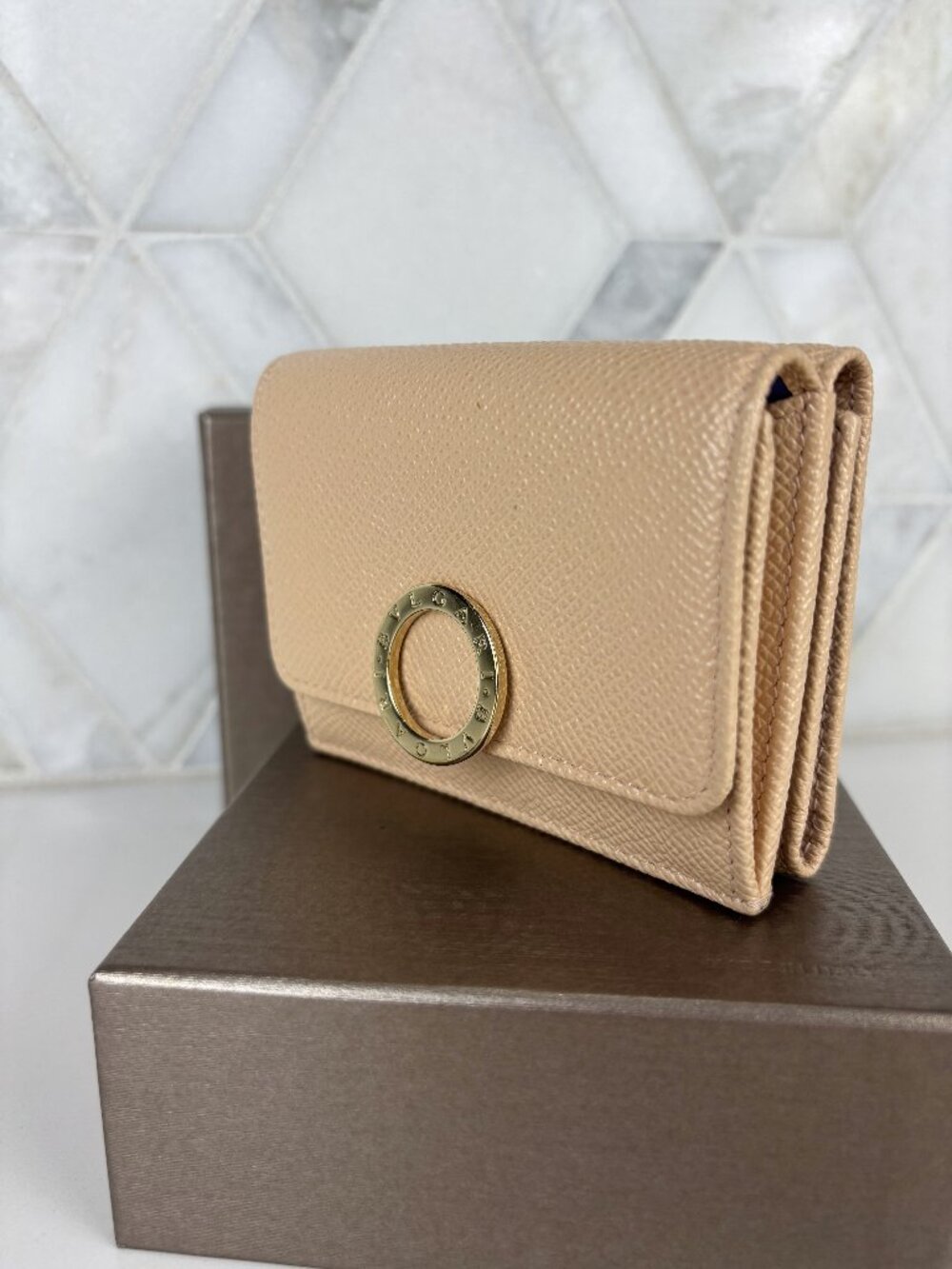 Bvlgari Mini Compact Wallet Continental Peach Royal Blue Gold Hardware Trifold